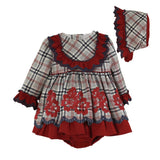 Baby Grey & Red Check Dress Set with Bonnet