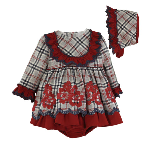 Baby Grey & Red Check Dress Set with Bonnet