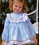 Pretty Light Blue Pattern Flared Dress with White Bow