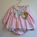 Pink Baby Dress and Bonnet with Grey Bow